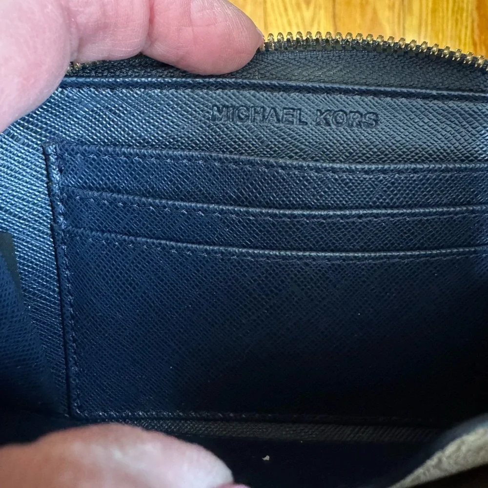 Michael Kors Blue/White Leather Striped Zip Around Wallet
